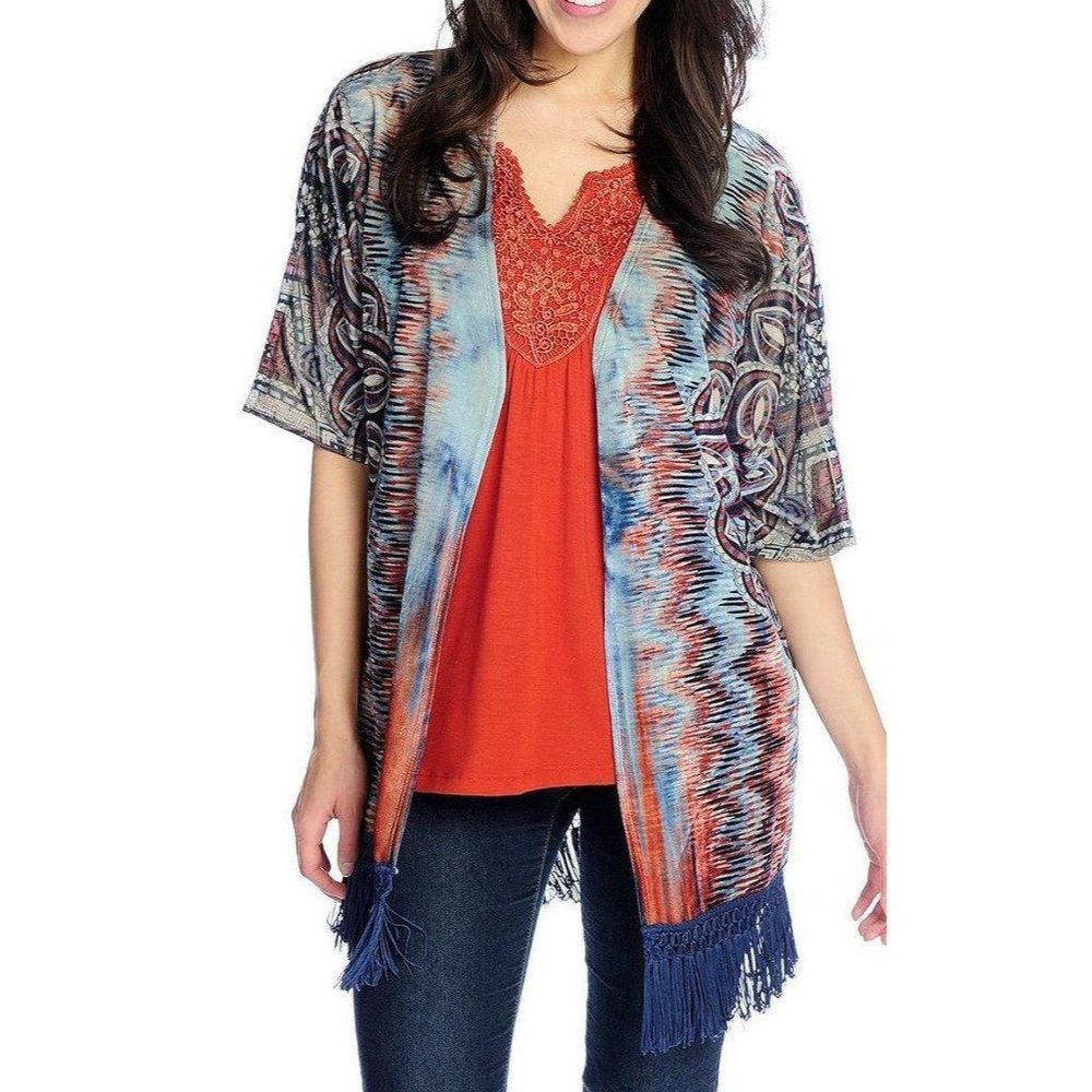 165 ONE WORLD Printed Velvet Dolman Fringe Hem Kimono Topper Cardigan M Women's - Picture 9 of 9